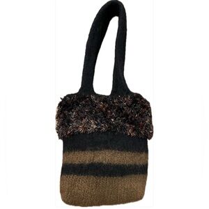 Handmade Felted Wool Shoulder Bag with Textured Yarn Trim – Brown & Black NWOT